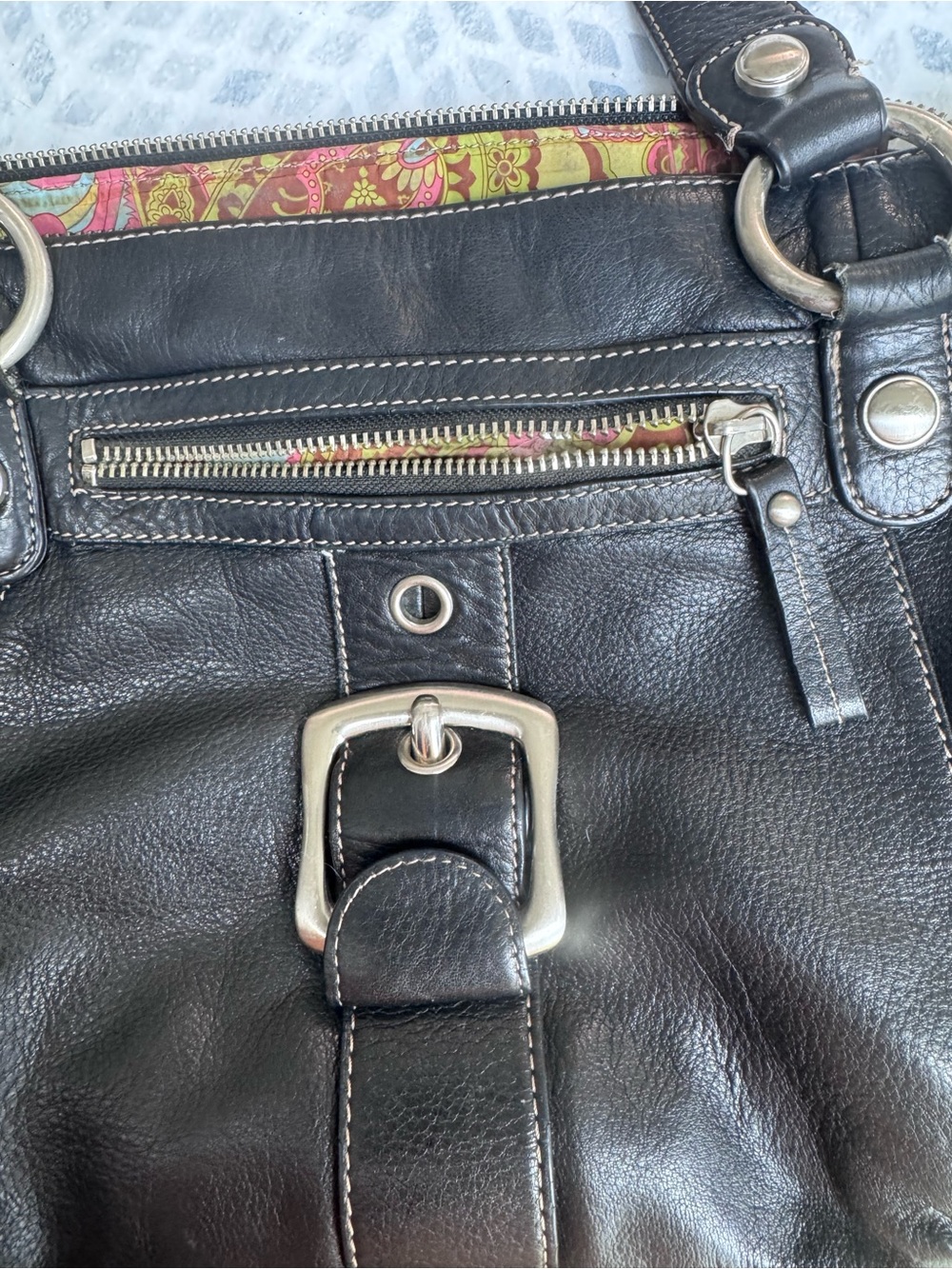 B. Makowsky Black Leather Satchel Shoulder Bag Paisley Lined Large Tote Purse - Picture 12 of 16